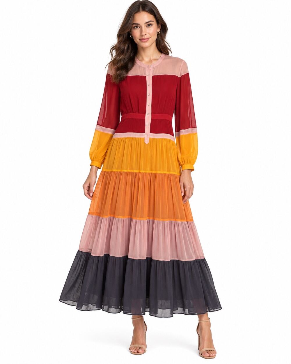 Joie 100% Silk Colorblock Tiered Maxi Dress Red Yellow Pink Gray M